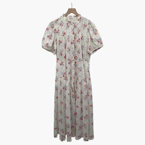 Gap X Doen Floral Midi Dress Button Front Puff Sleeve 100% Cotton White Multi Co